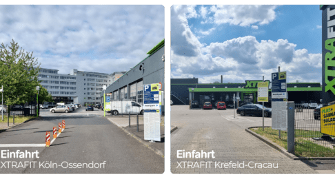 Fotos der Parkplatz-Einfahrten bei den XTRAFIT Fitnessstudios Köln und Krefeld