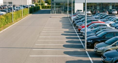 Kundenparkplatz eines Handelsstandorts von oben, vordere Stellplätze frei, Randreihe dicht belegt