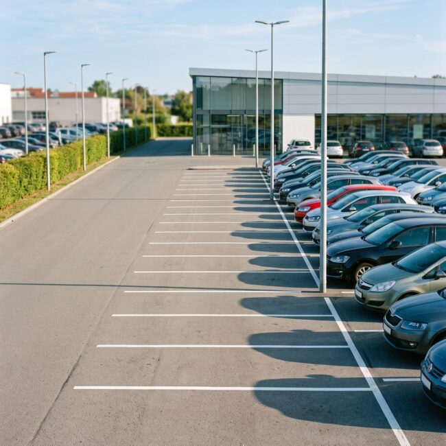 Kundenparkplatz eines Handelsstandorts von oben, vordere Stellplätze frei, Randreihe dicht belegt