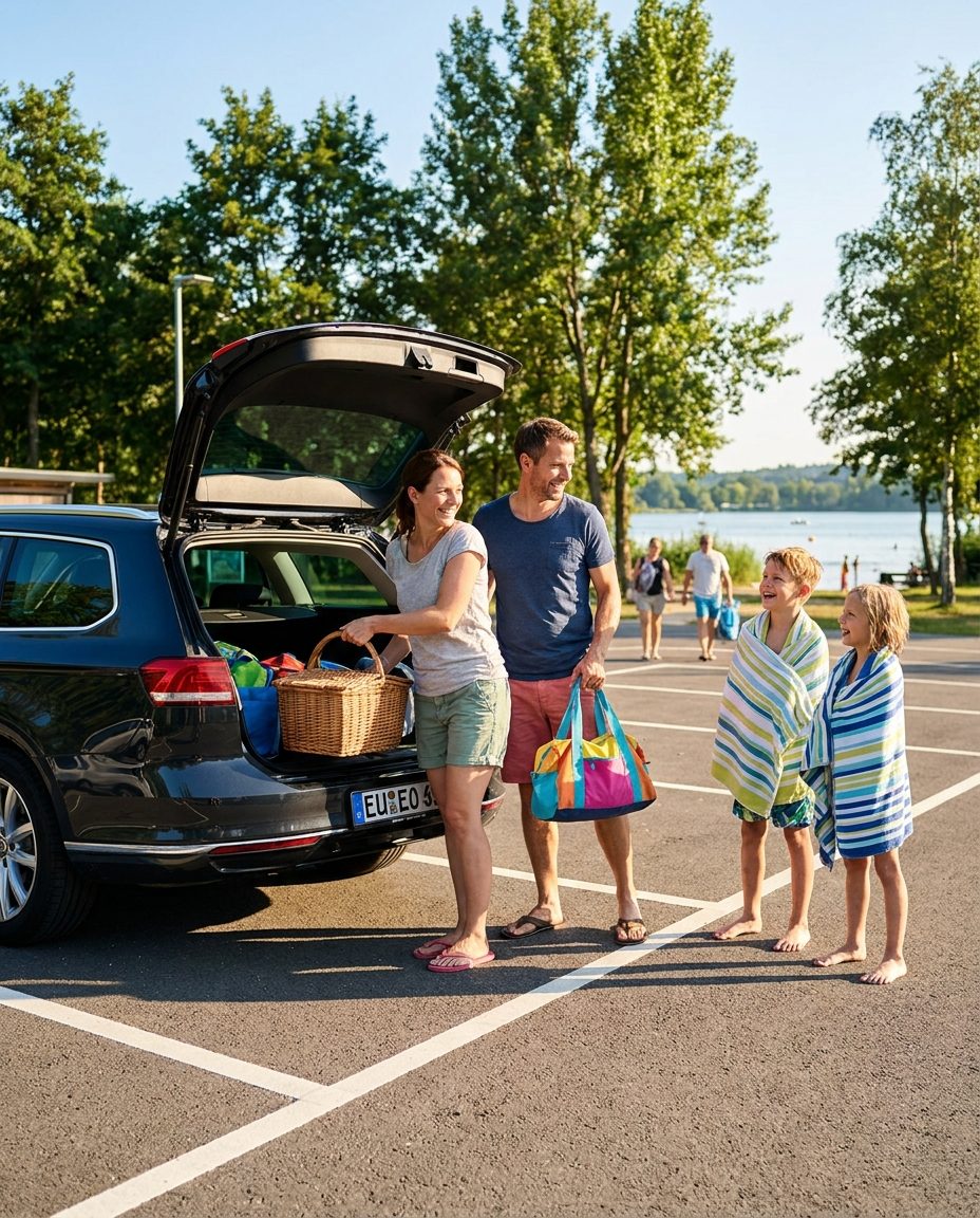 Ausflugsgäste steigen an einem sonnigen Tag auf einem gut gefüllten Besucherparkplatz aus dem Auto