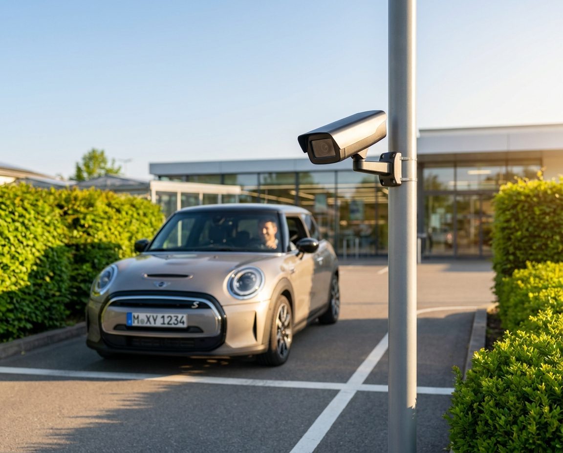 Kennzeichenkamera an der Einfahrt eines Supermarkt-Parkplatzes