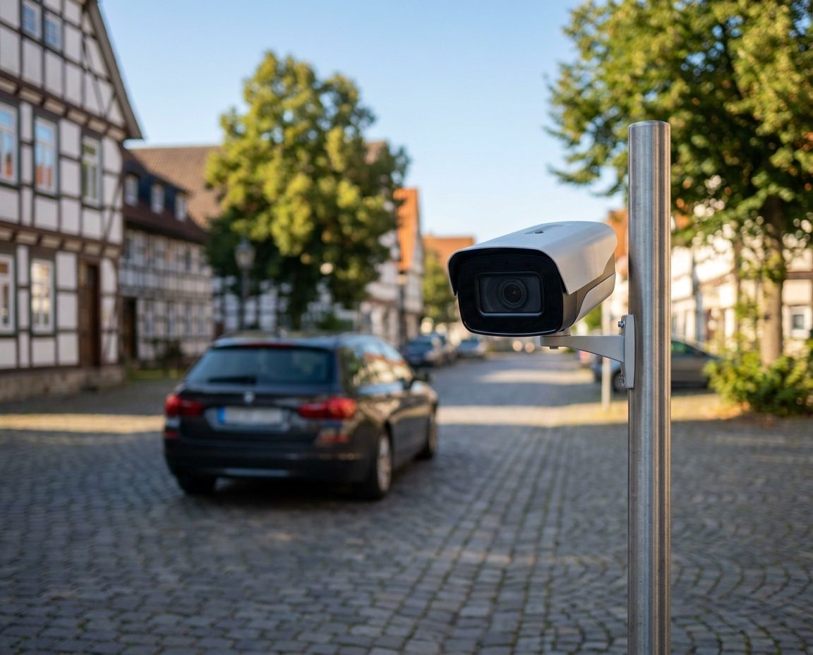 Kamera zur Kennzeichenerfassung an der Einfahrt eines kommunalen Parkplatzes, im Hintergrund markierte Stellplätze