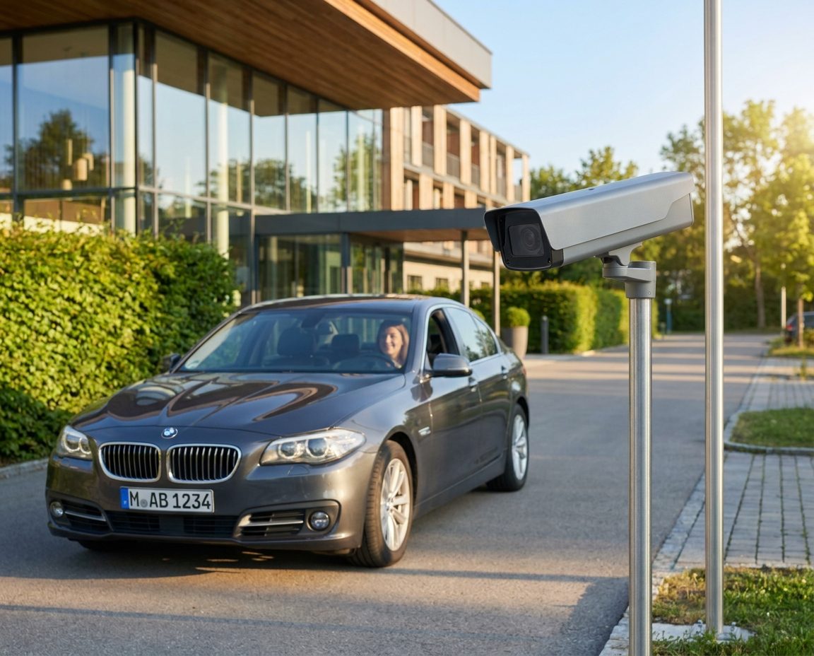 Kennzeichenkamera an der Einfahrt eines Hotel-Parkplatzes