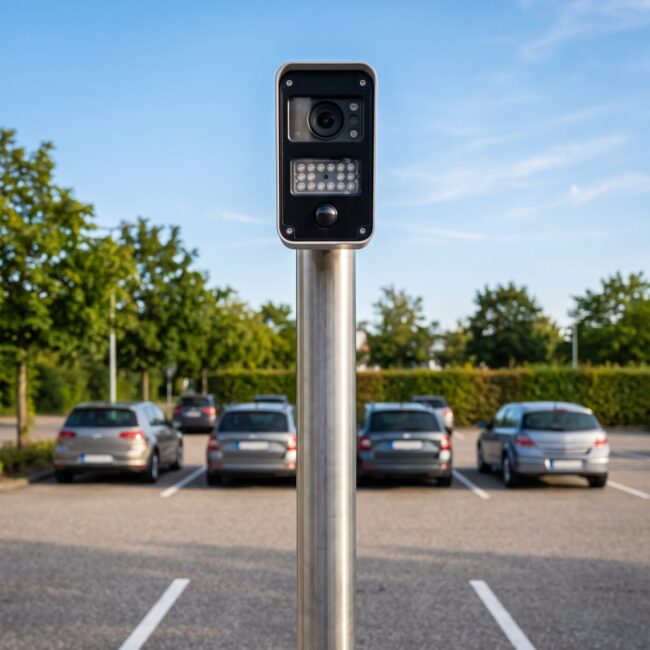 Kamera zur Kennzeichenerfassung an der Einfahrt eines Kundenparkplatzes