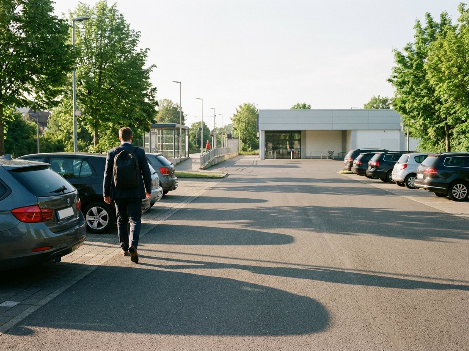 Pendler stellt morgens sein Auto auf einem Kundenparkplatz nahe dem Bahnhof ab und geht Richtung Bahnsteig