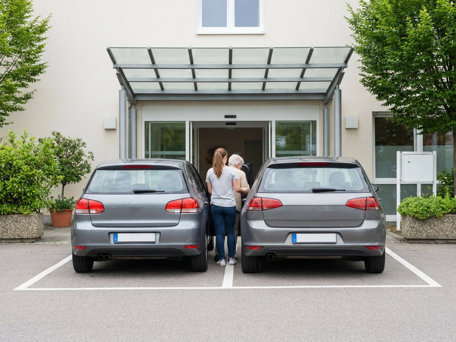 Eine Angehörige hilft einer älteren Person in der Hol- und Bringzone vor einer Klinik aus dem Auto