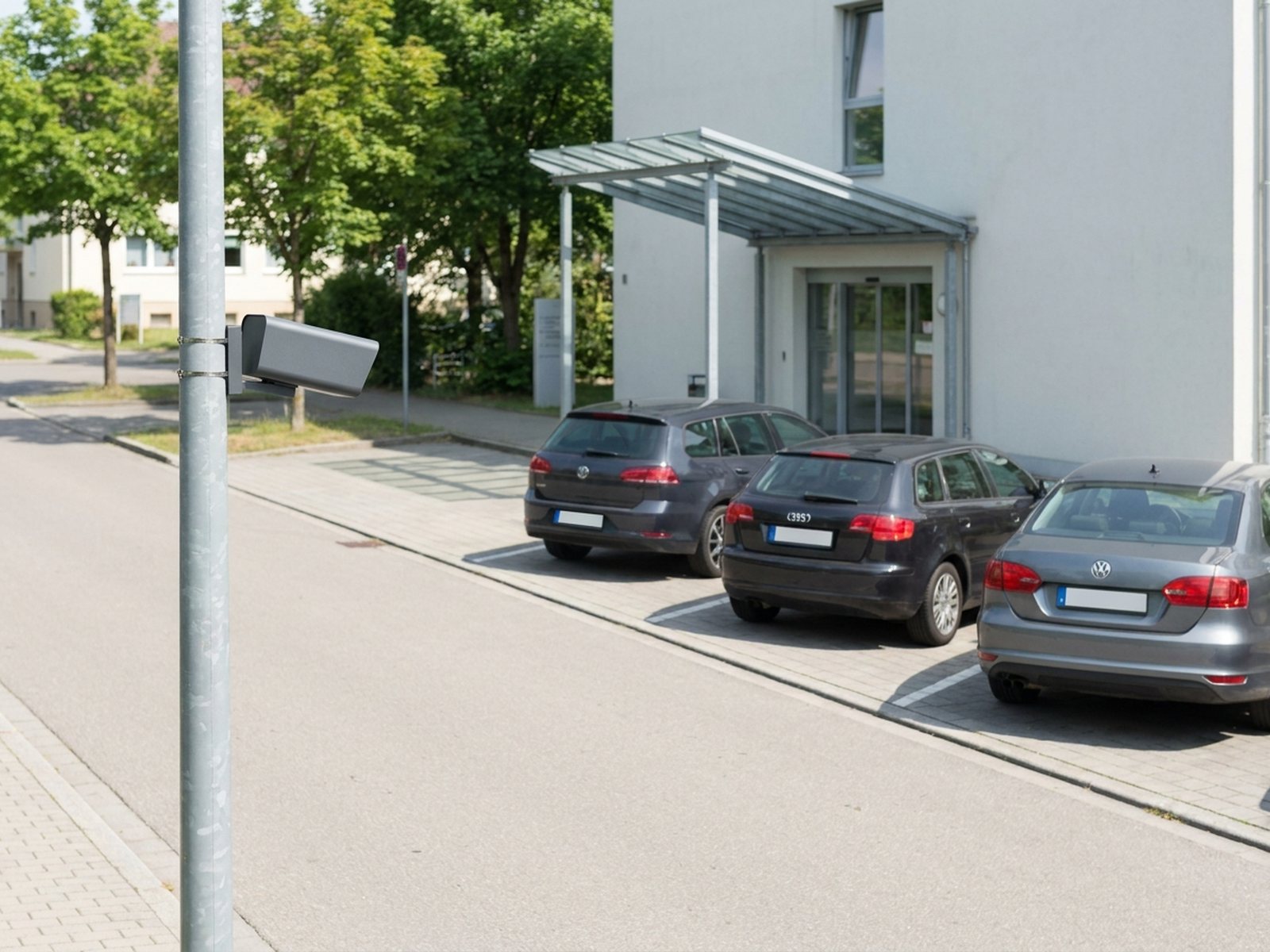 Kamera am Mast überblickt die Haltebuchten vor einem Klinikeingang