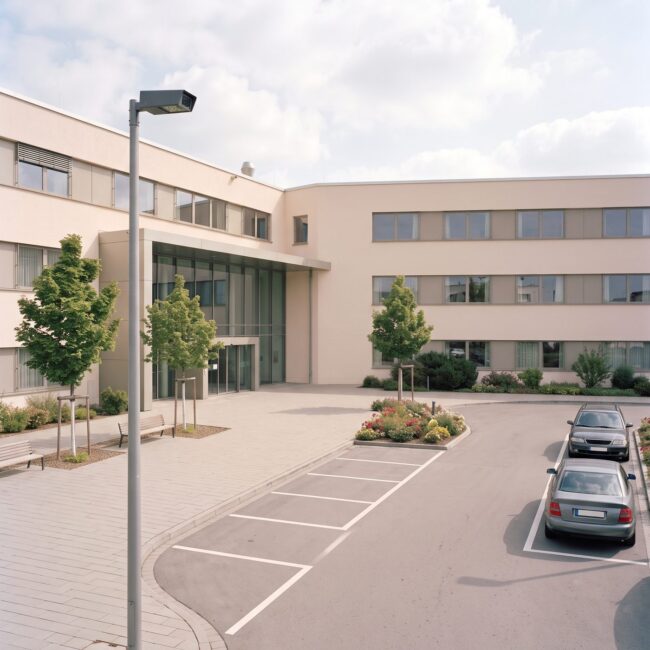 Haltebuchten vor dem Eingang einer Klinik, eine Kamera am Mast erfasst die Zufahrt