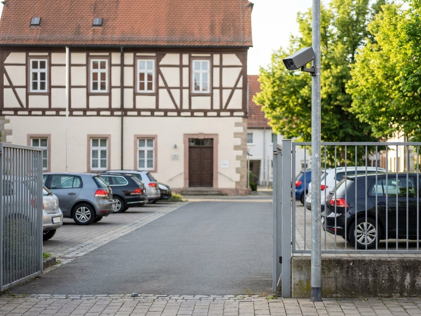 Kamera zur Kennzeichenerfassung an der offenen Einfahrt eines kommunalen Parkplatzes neben dem Rathaus