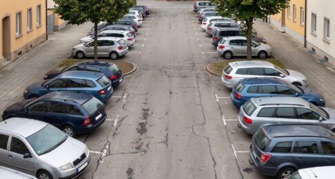 Kommunaler Parkplatz in der Ortsmitte einer deutschen Kleinstadt, etwa zur Hälfte belegt