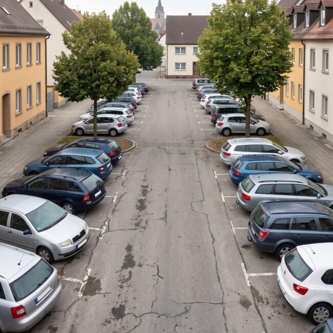 Kommunaler Parkplatz in der Ortsmitte einer deutschen Kleinstadt, etwa zur Hälfte belegt
