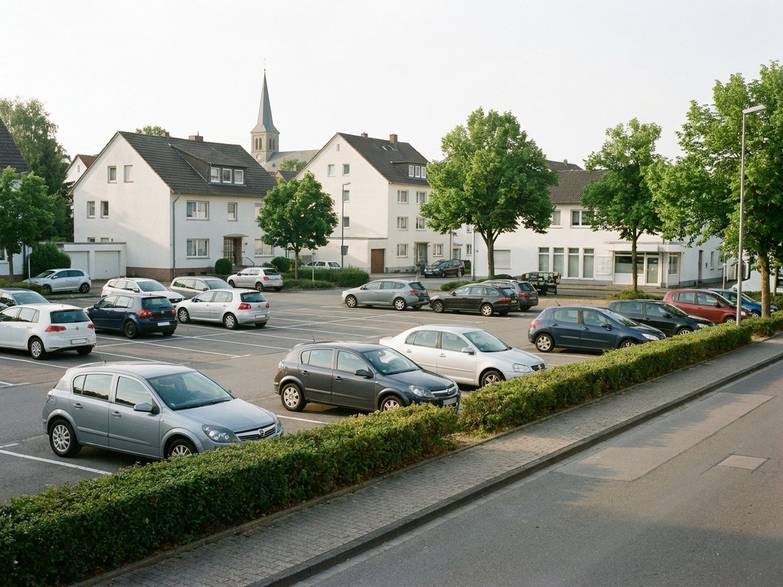Abgegrenzter kommunaler Parkplatz in der Ortsmitte, daneben die Straße mit Gehweg