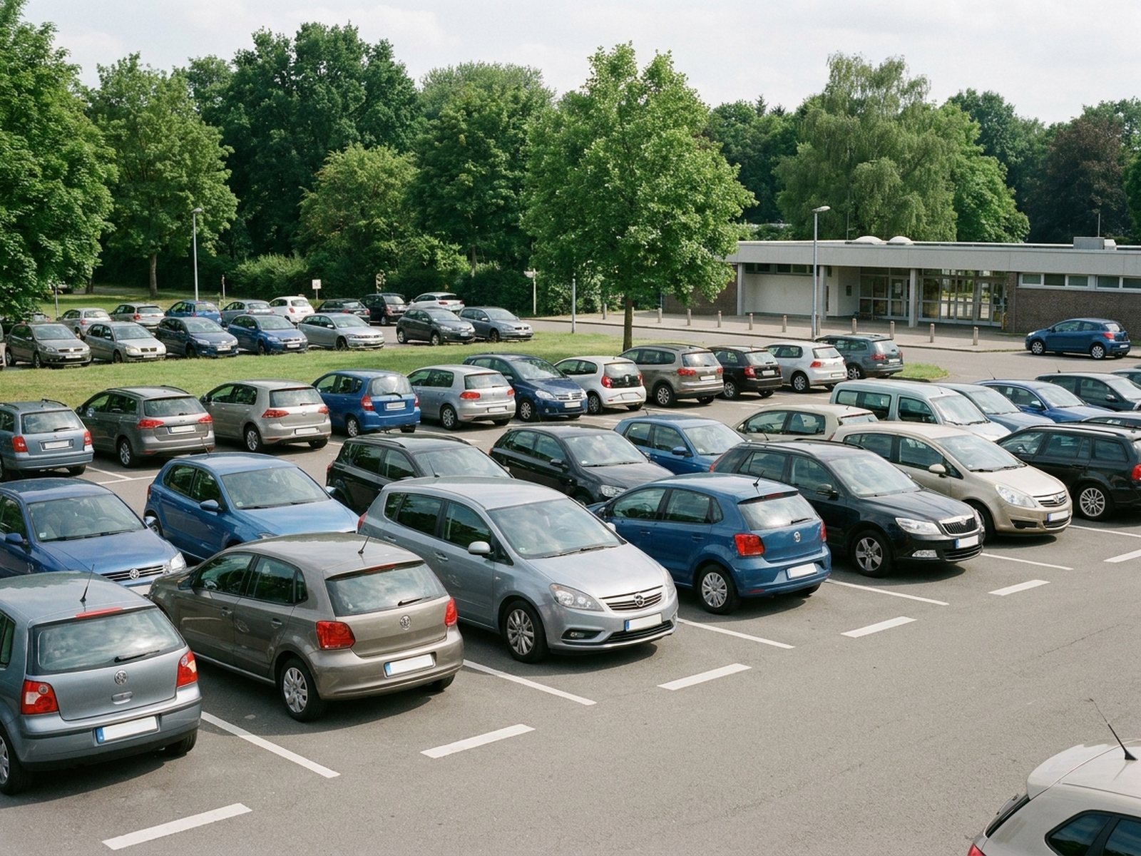 Kommunaler Parkplatz am Freibad an einem Sonntag, voll belegt, Fahrzeuge stehen auch am Rand