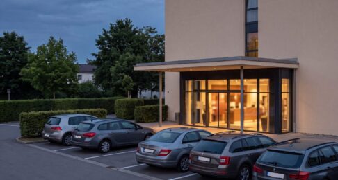 Hotelparkplatz am Abend vor dem beleuchteten Eingang, mehrere Stellplätze belegt