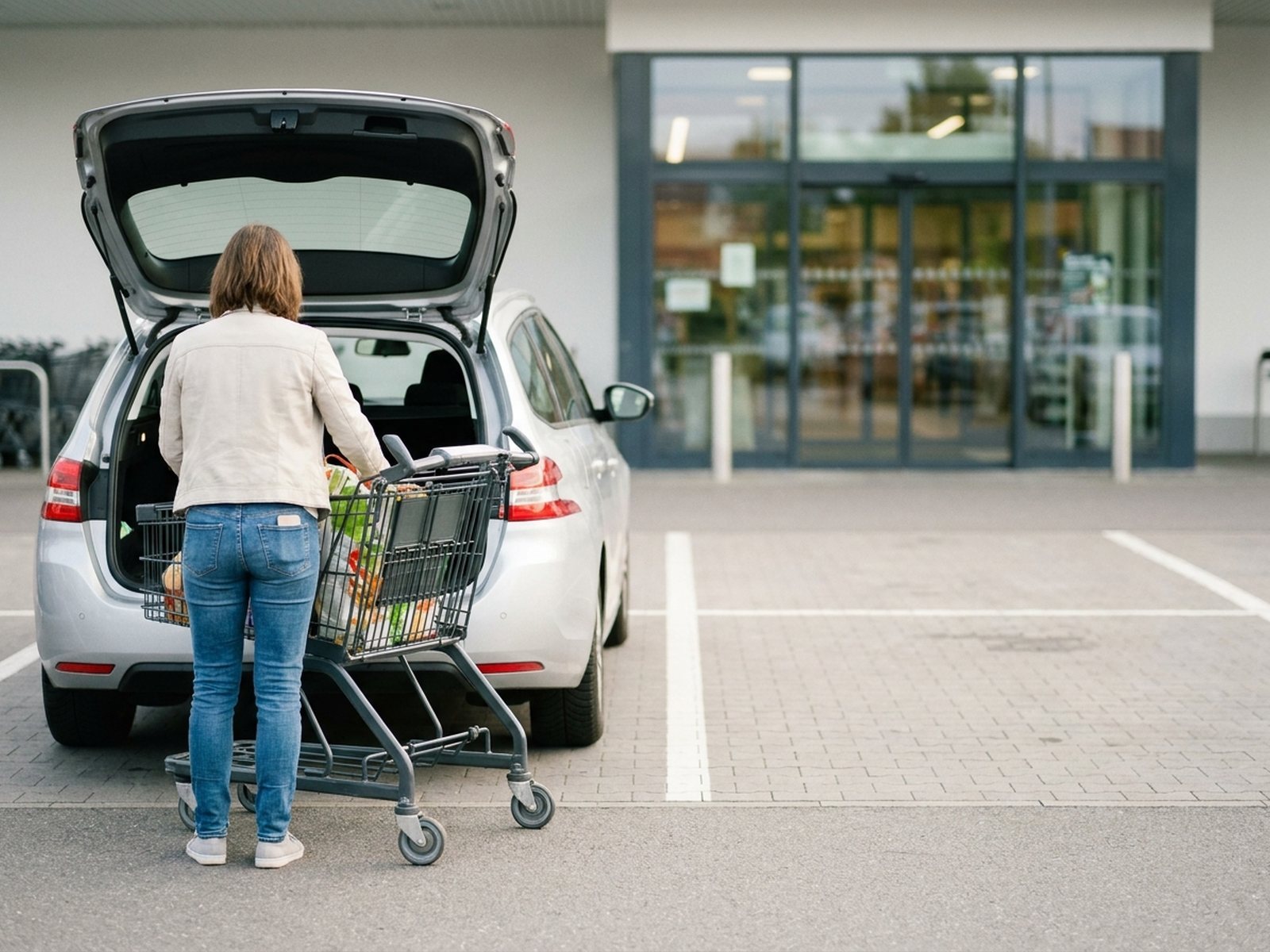 Kundin lädt einen vollen Einkaufswagen in den Kofferraum, der Stellplatz auf dem Kundenparkplatz wird danach wieder frei