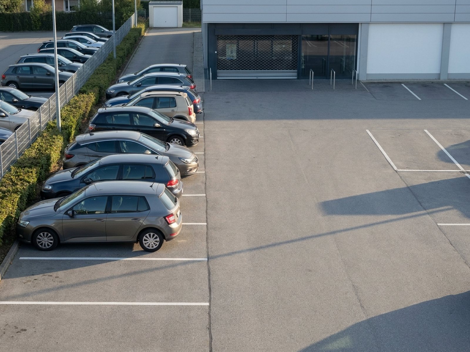 Kundenparkplatz im Einzelhandel um acht Uhr morgens, der Markt ist noch geschlossen, die Randreihe ist schon belegt