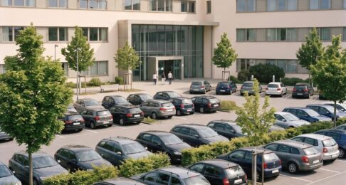 Voller Klinikparkplatz an einem Werktagvormittag, im Hintergrund das Klinikgebäude